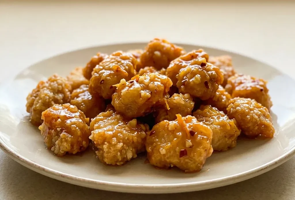 Overhead shot of orange chicken pieces with glossy sauce, garnished with sesame seeds and sliced green onions.