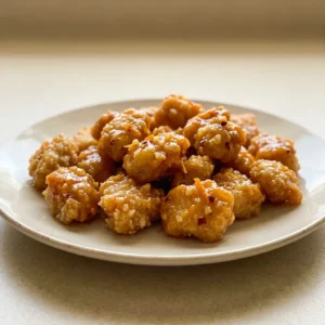 Overhead shot of orange chicken pieces with glossy sauce, garnished with sesame seeds and sliced green onions.