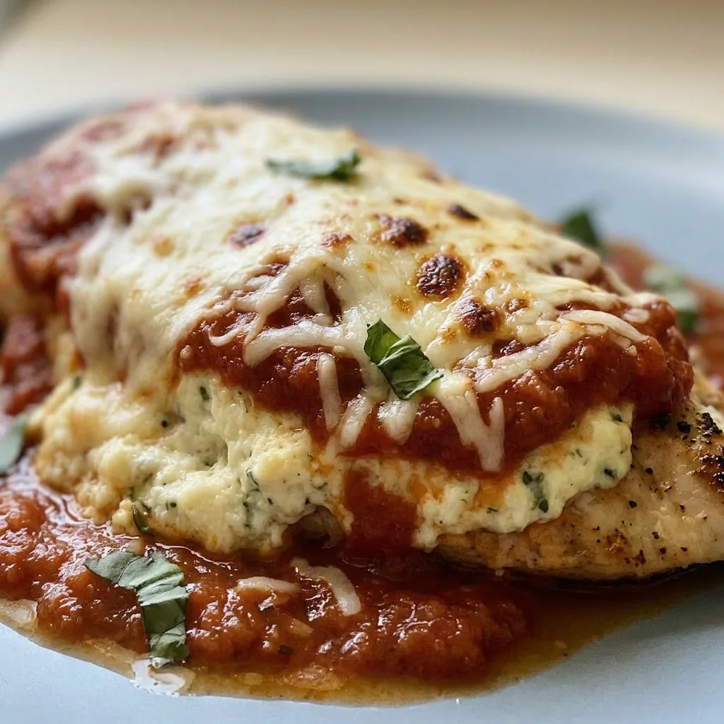 Up close, a juicy chicken breast is layered with creamy ricotta, melted mozzarella, and rich marinara, garnished with parmesan and Italian herbs.