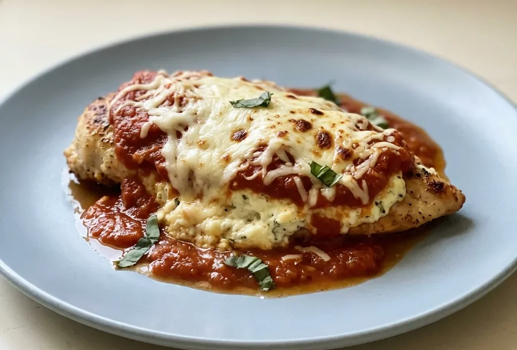 Looking down at a round dish of baked chicken breast topped with ricotta, mozzarella, and marinara sauce, sprinkled with parmesan and Italian seasoning.