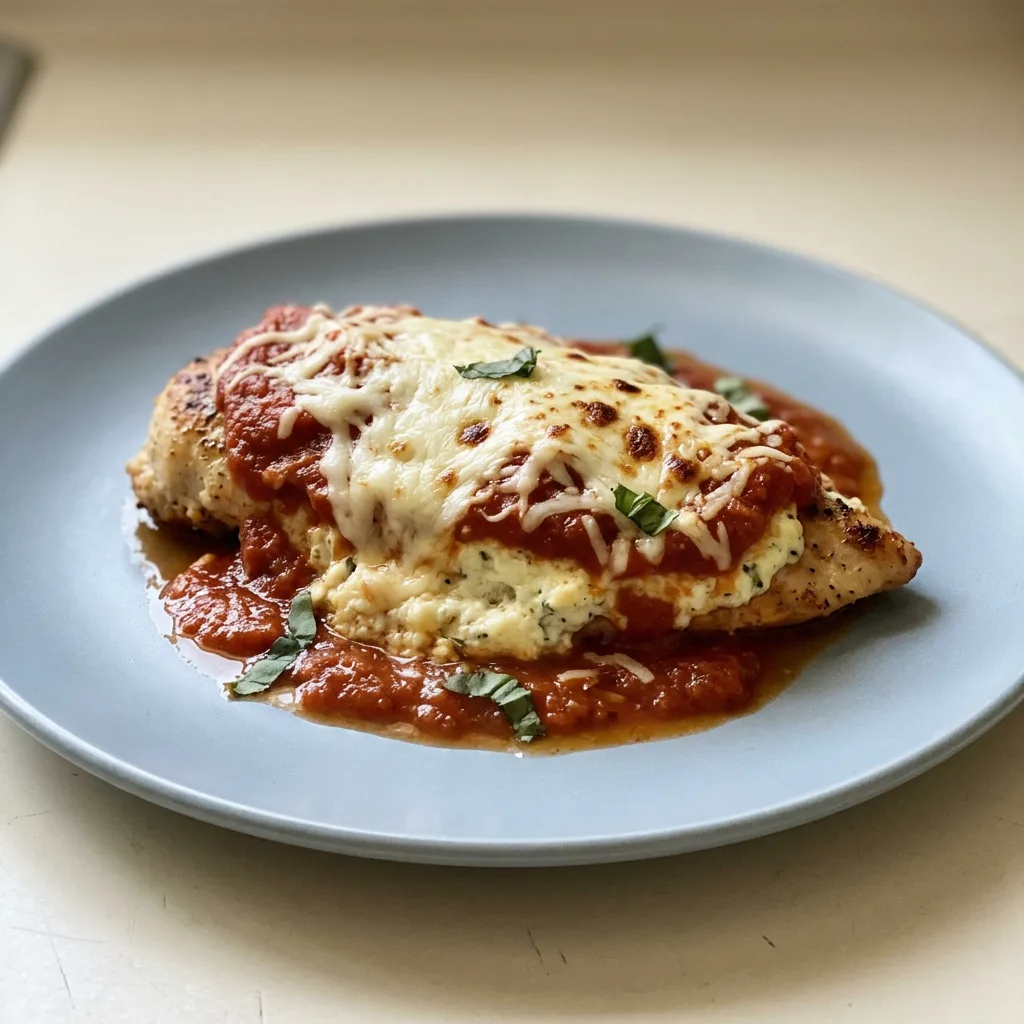 Looking down at a round dish of baked chicken breast topped with ricotta, mozzarella, and marinara sauce, sprinkled with parmesan and Italian seasoning.