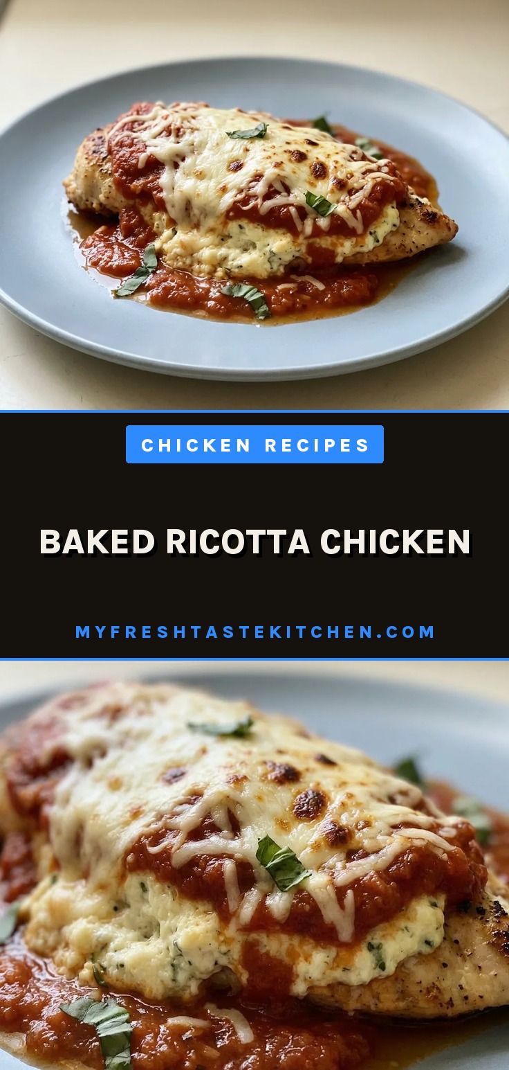Looking down at a round dish of baked chicken breast topped with ricotta, mozzarella, and marinara sauce, sprinkled with parmesan and Italian seasoning.