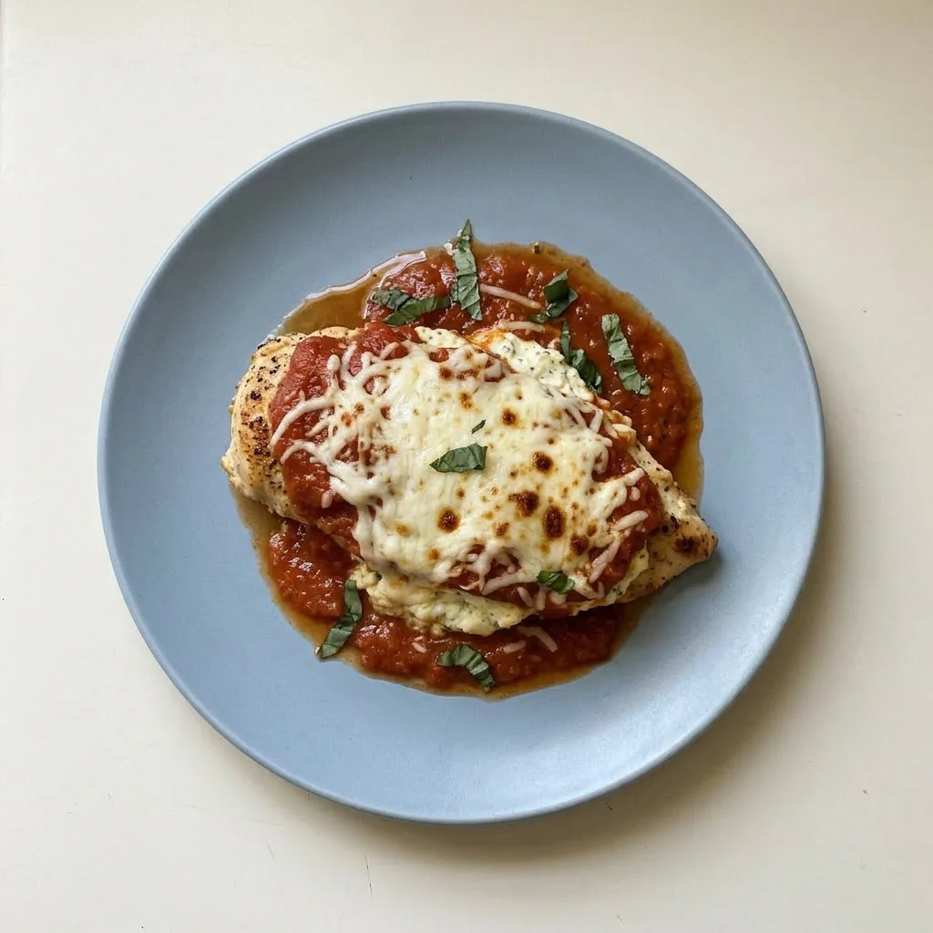 A plate of baked ricotta chicken features a tender chicken breast covered in marinara and three cheeses, with visible garlic and Italian seasoning.