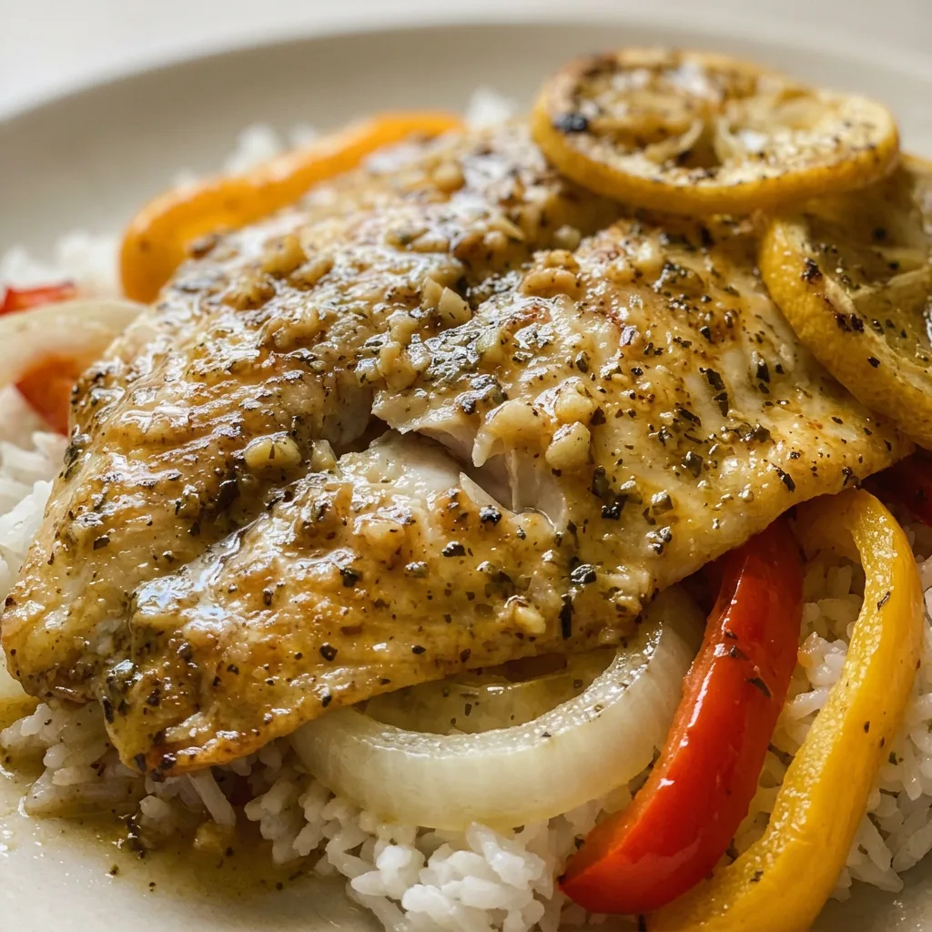 Zoomed in on a tilapia fillet with a glossy lemon garlic butter sauce, visible garlic pieces and onion bits, and a lemon slice on top.