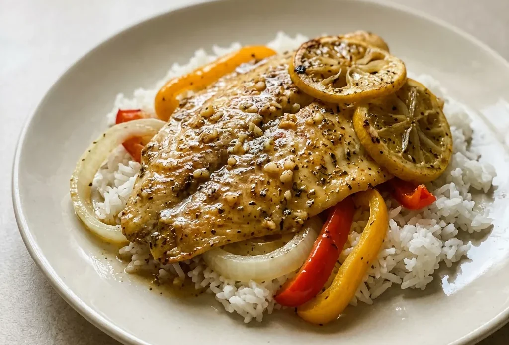 Bird's-eye view of two tilapia fillets topped with lemon slices and garlic butter sauce, garnished with diced onion and black pepper.