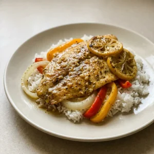 Bird's-eye view of two tilapia fillets topped with lemon slices and garlic butter sauce, garnished with diced onion and black pepper.