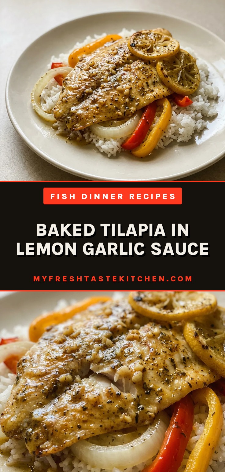 Bird's-eye view of two tilapia fillets topped with lemon slices and garlic butter sauce, garnished with diced onion and black pepper.