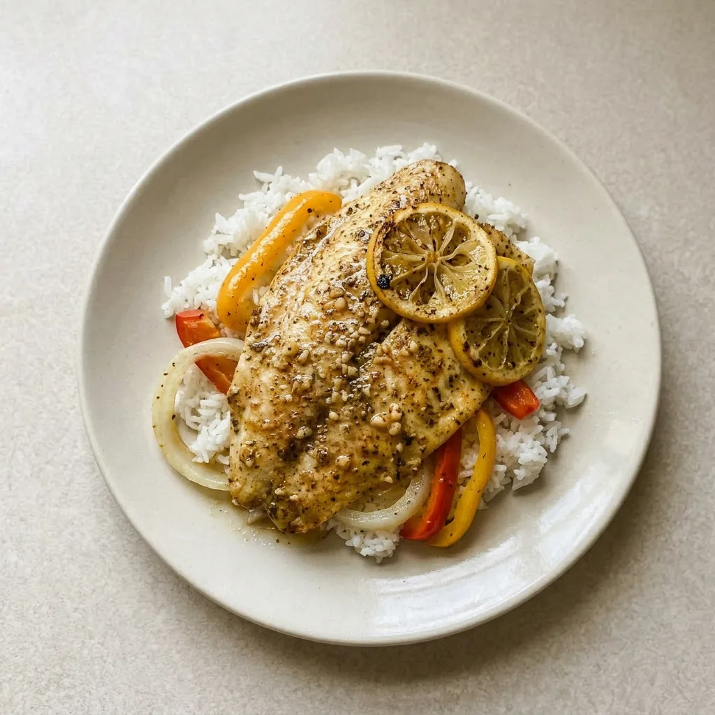 Ready to serve: a plated tilapia fillet drizzled with lemon garlic butter sauce, topped with a lemon slice, onion, and pepper.