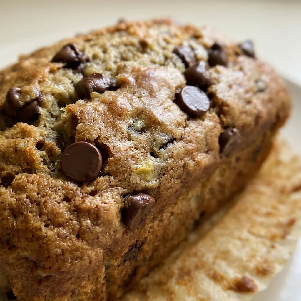 Close view of a banana bread slice with visible chocolate chips and butter pat, topped with banana slice.