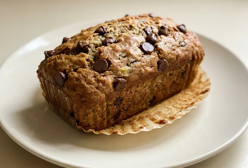 Overhead shot of two mini banana loaves topped with chocolate chips and cinnamon, sliced to show moist crumb.
