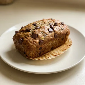 Overhead shot of two mini banana loaves topped with chocolate chips and cinnamon, sliced to show moist crumb.