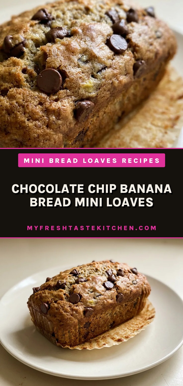 Overhead shot of two mini banana loaves topped with chocolate chips and cinnamon, sliced to show moist crumb.