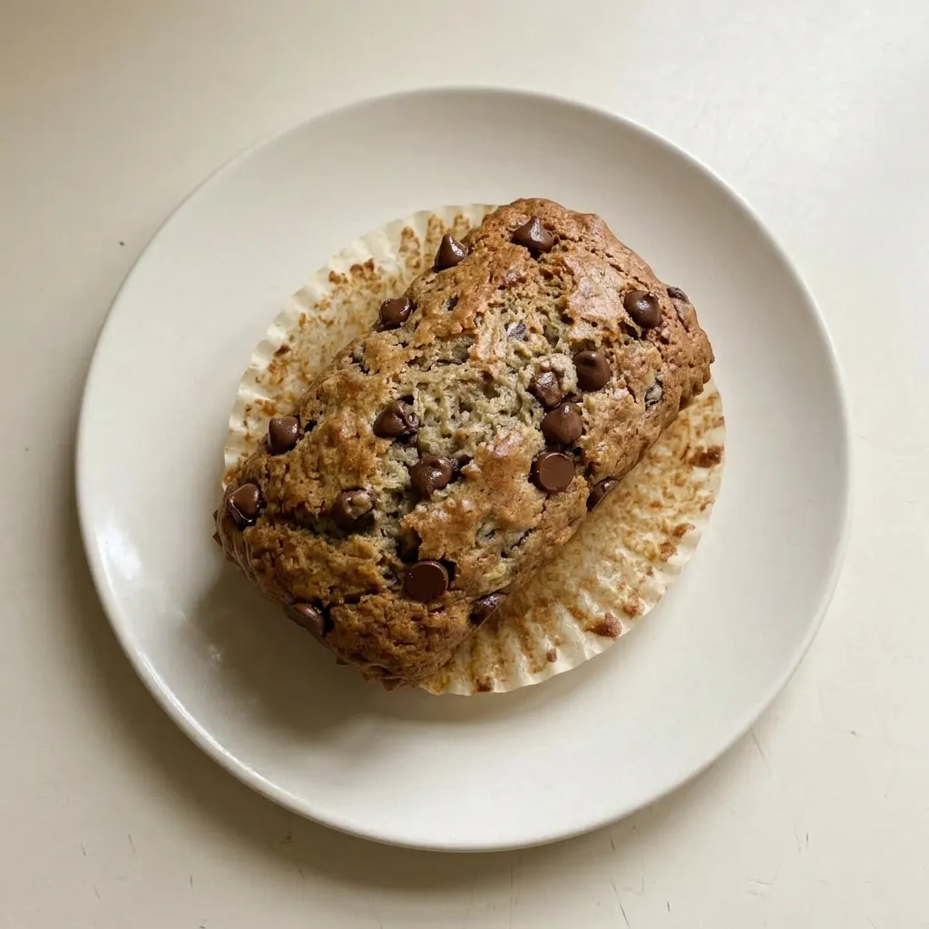 Plated mini banana loaf with chocolate chips and butter, garnished with a banana slice and cinnamon dusting.