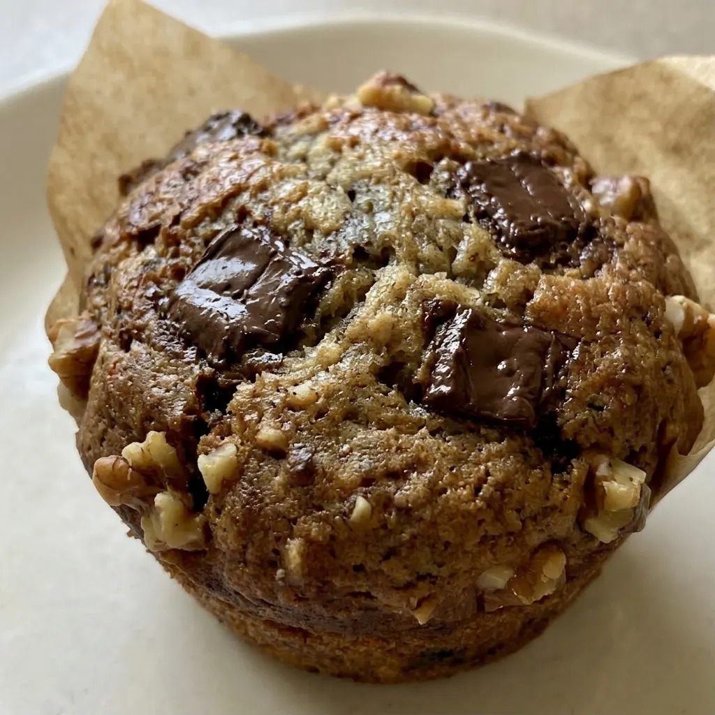 Up close, a muffin dome shows melted dark chocolate chunks, walnut pieces, and banana speckles.