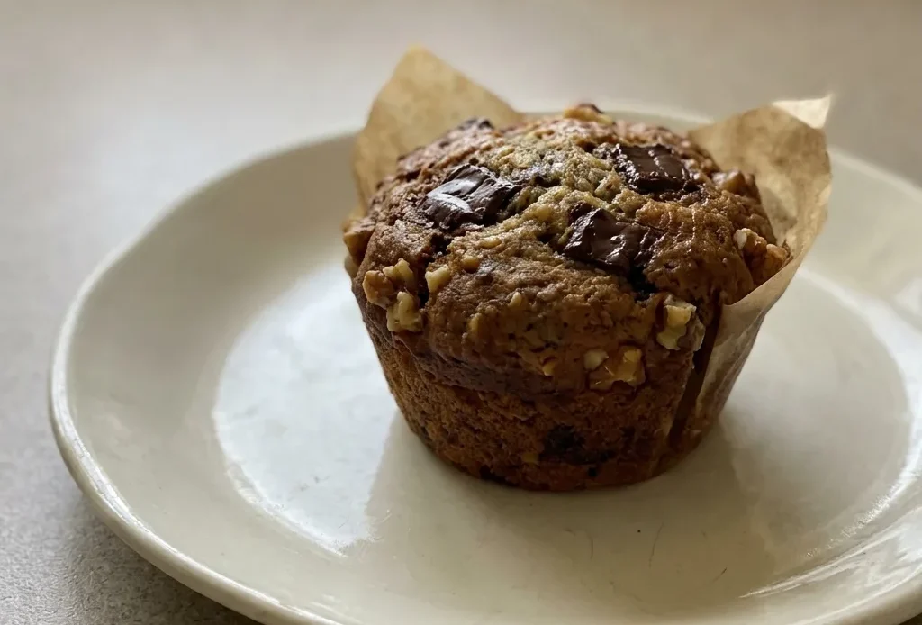 Looking down at three banana chocolate chunk muffins topped with walnut halves and dark chocolate chunks.