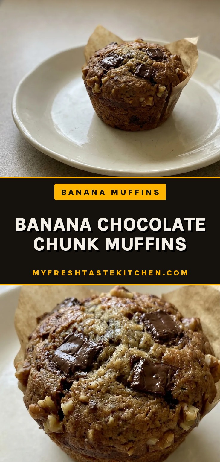 Looking down at three banana chocolate chunk muffins topped with walnut halves and dark chocolate chunks.