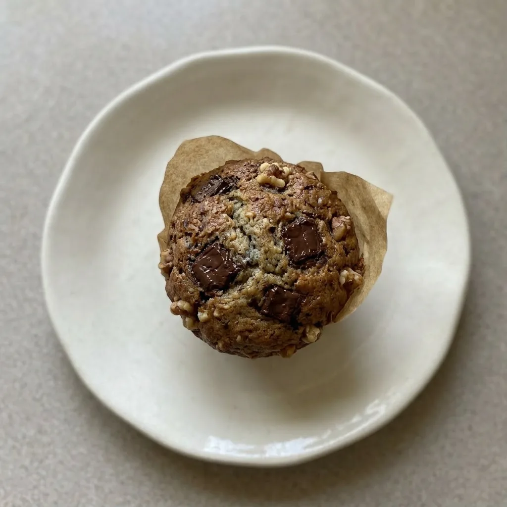 A plate of banana muffins with visible dark chocolate chunks and walnuts on top.