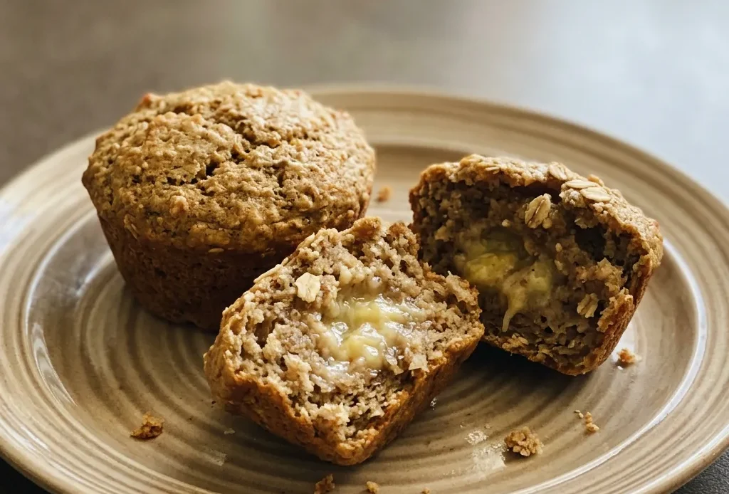 Top-down look at a banana oat muffin with chocolate chips and flaxseed visible on top.