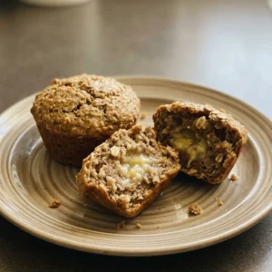Top-down look at a banana oat muffin with chocolate chips and flaxseed visible on top.