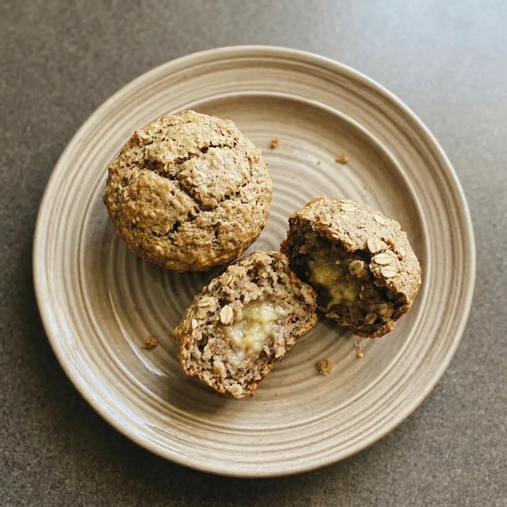 A serving of a banana oat muffin with brewer's yeast specks and chocolate chips.