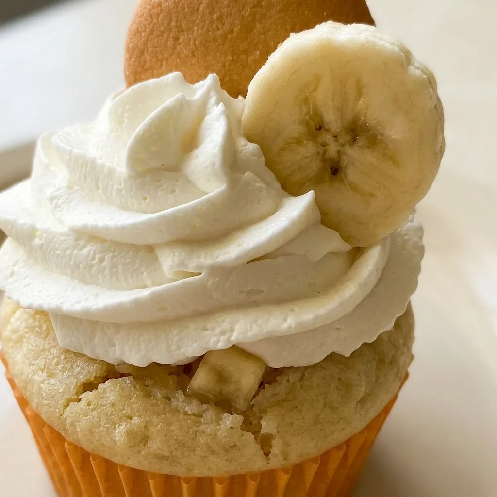 Macro detail of a banana pudding cupcake with visible banana slices, whipped cream, and a vanilla wafer.