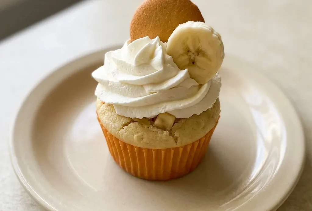 Top-down look at a banana pudding cupcake topped with whipped cream and a vanilla wafer.