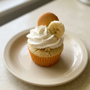 Top-down look at a banana pudding cupcake topped with whipped cream and a vanilla wafer.