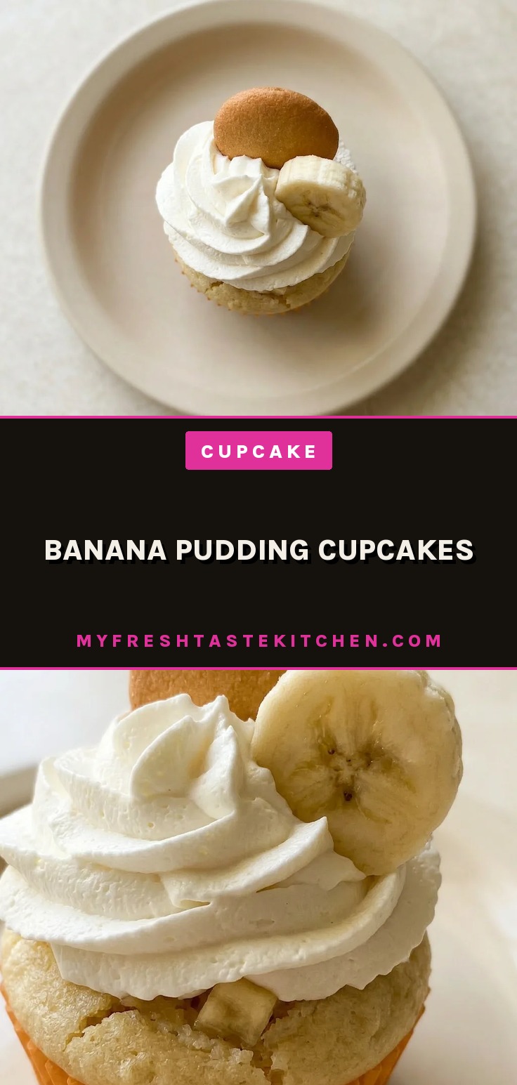 Top-down look at a banana pudding cupcake topped with whipped cream and a vanilla wafer.