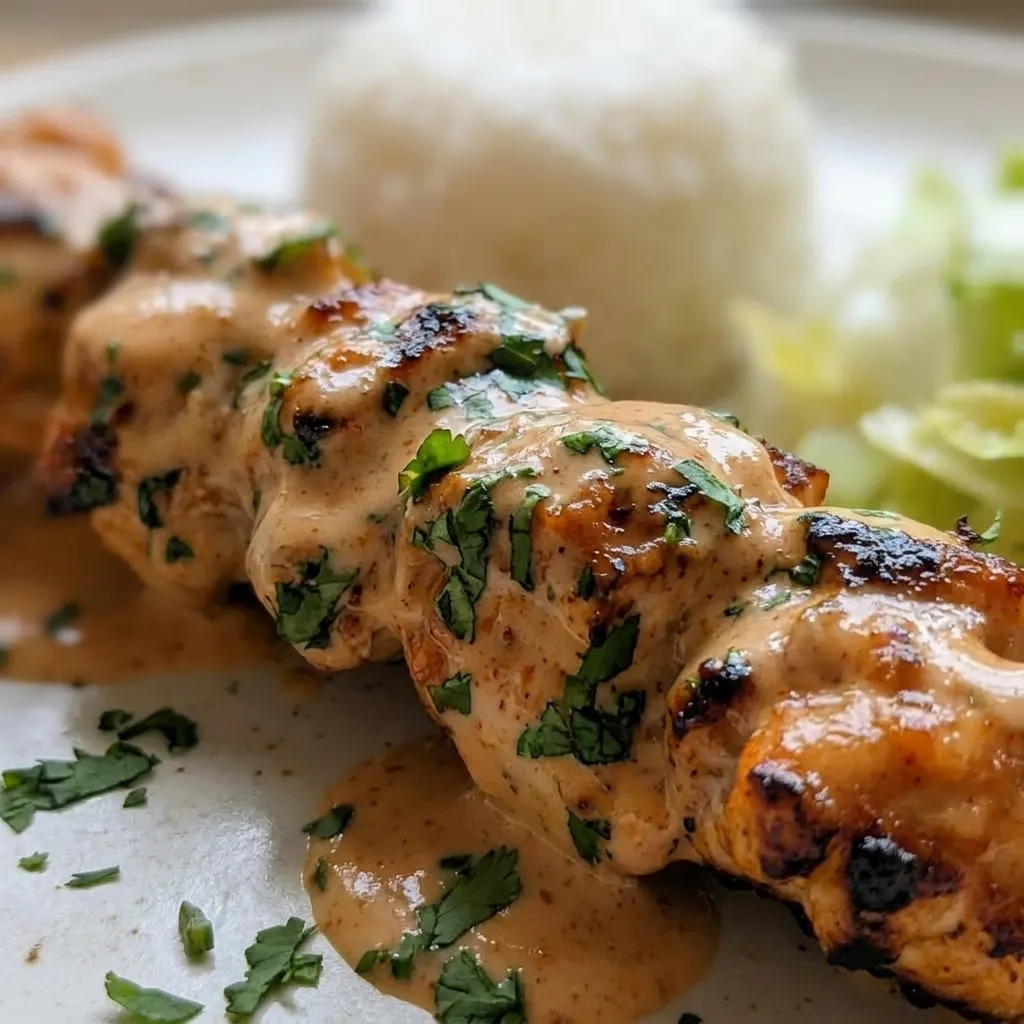 Macro detail of a chicken skewer with creamy sauce, chili flecks, and a sprinkle of sesame seeds.