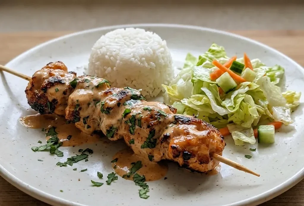 Top-down look at skewered chicken pieces drizzled with white and red sauce, garnished with lime wedges and green herbs.