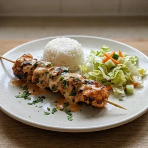 Top-down look at skewered chicken pieces drizzled with white and red sauce, garnished with lime wedges and green herbs.