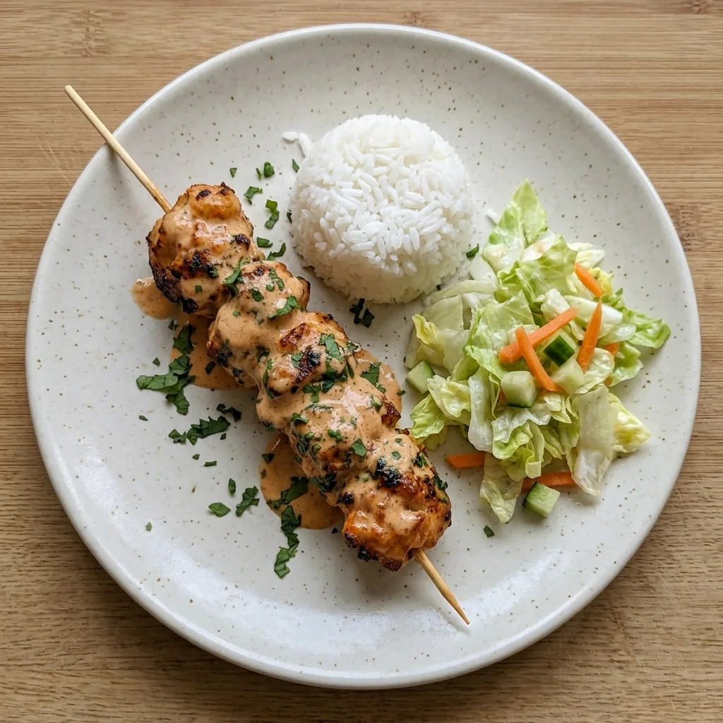 A serving of skewered chicken breast topped with a creamy spicy sauce and fresh lime wedges.