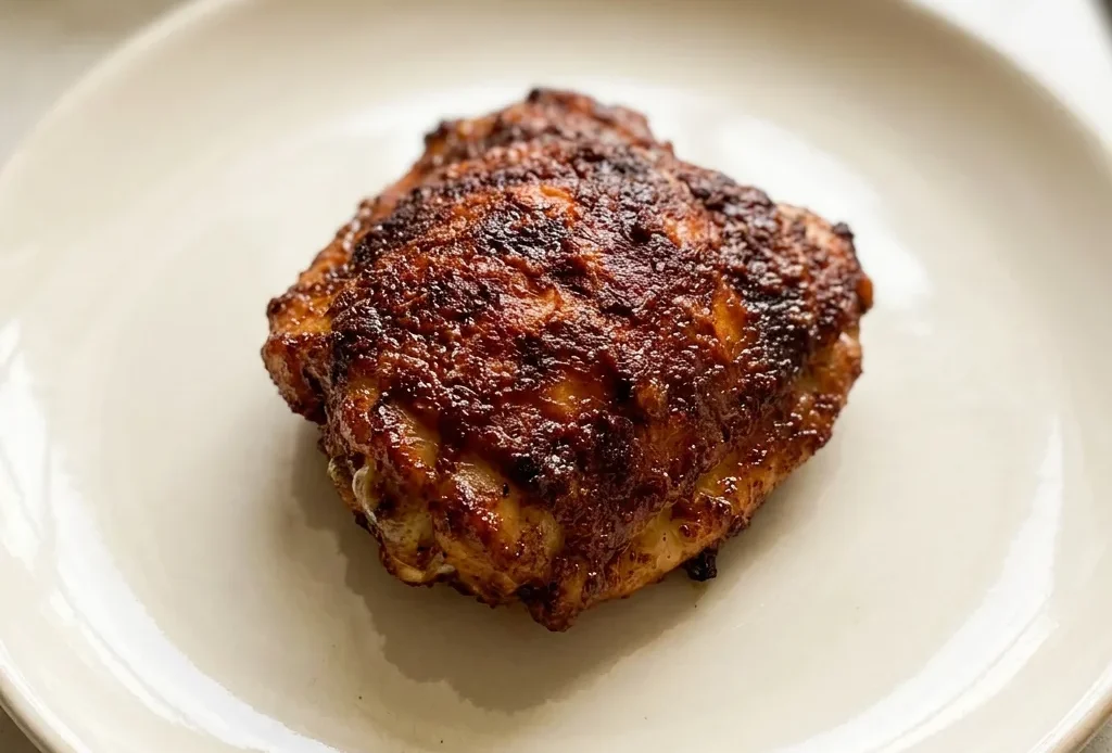 Top-down look at a round dish with a whole chicken, skin browned with BBQ rub, scattered smoked paprika and chili flakes.