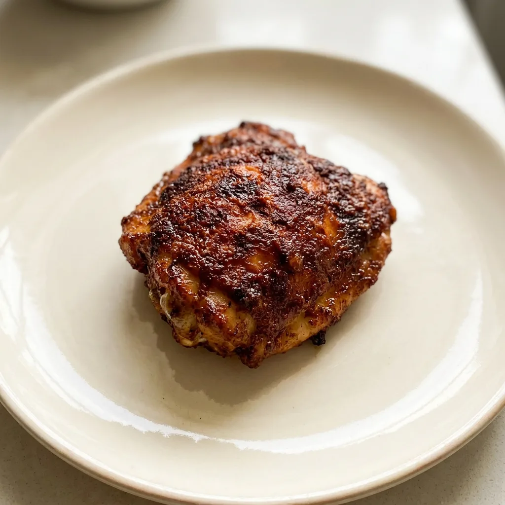 Top-down look at a round dish with a whole chicken, skin browned with BBQ rub, scattered smoked paprika and chili flakes.