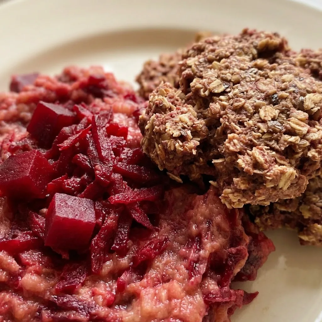 Macro detail of a beet muffin's crumb, revealing bits of beet, banana, and oat flour, with a cinnamon hue.