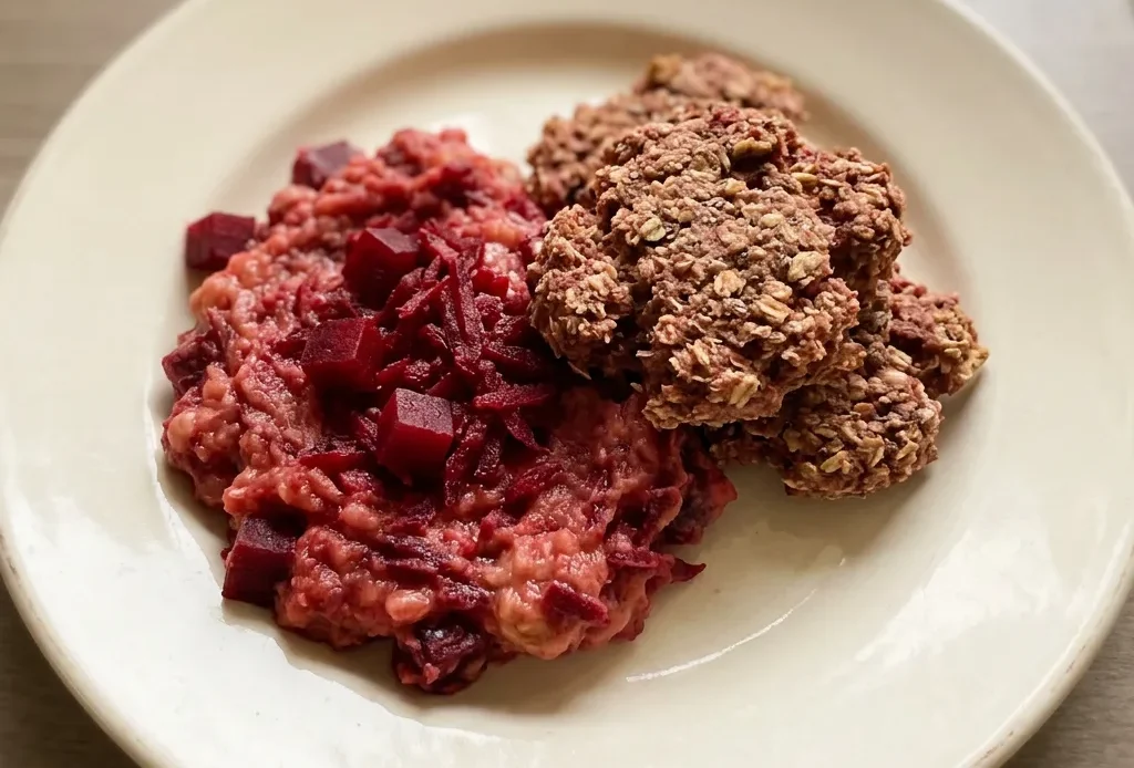 Top-down look at a round beet muffin with a cracked top, showing specks of beet and flaxseed.