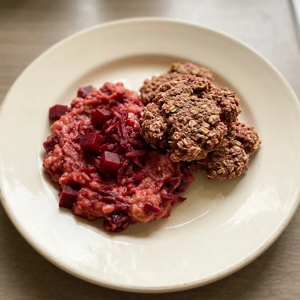 Top-down look at a round beet muffin with a cracked top, showing specks of beet and flaxseed.