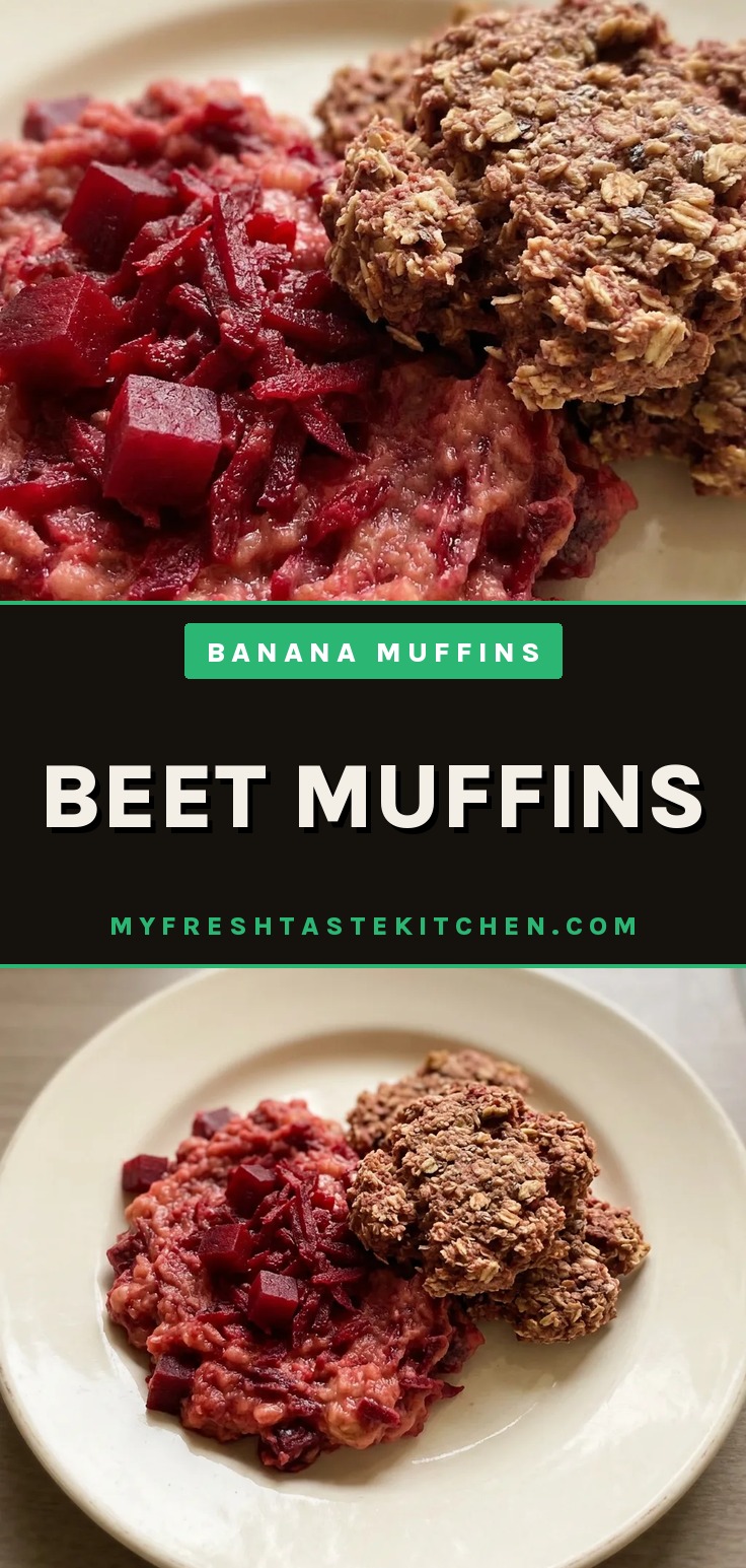 Top-down look at a round beet muffin with a cracked top, showing specks of beet and flaxseed.