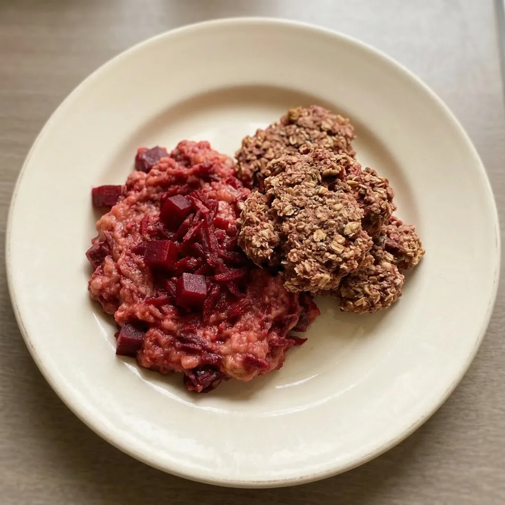 A serving of a small, domed beet muffin with a browned top and visible flaxseed meal.