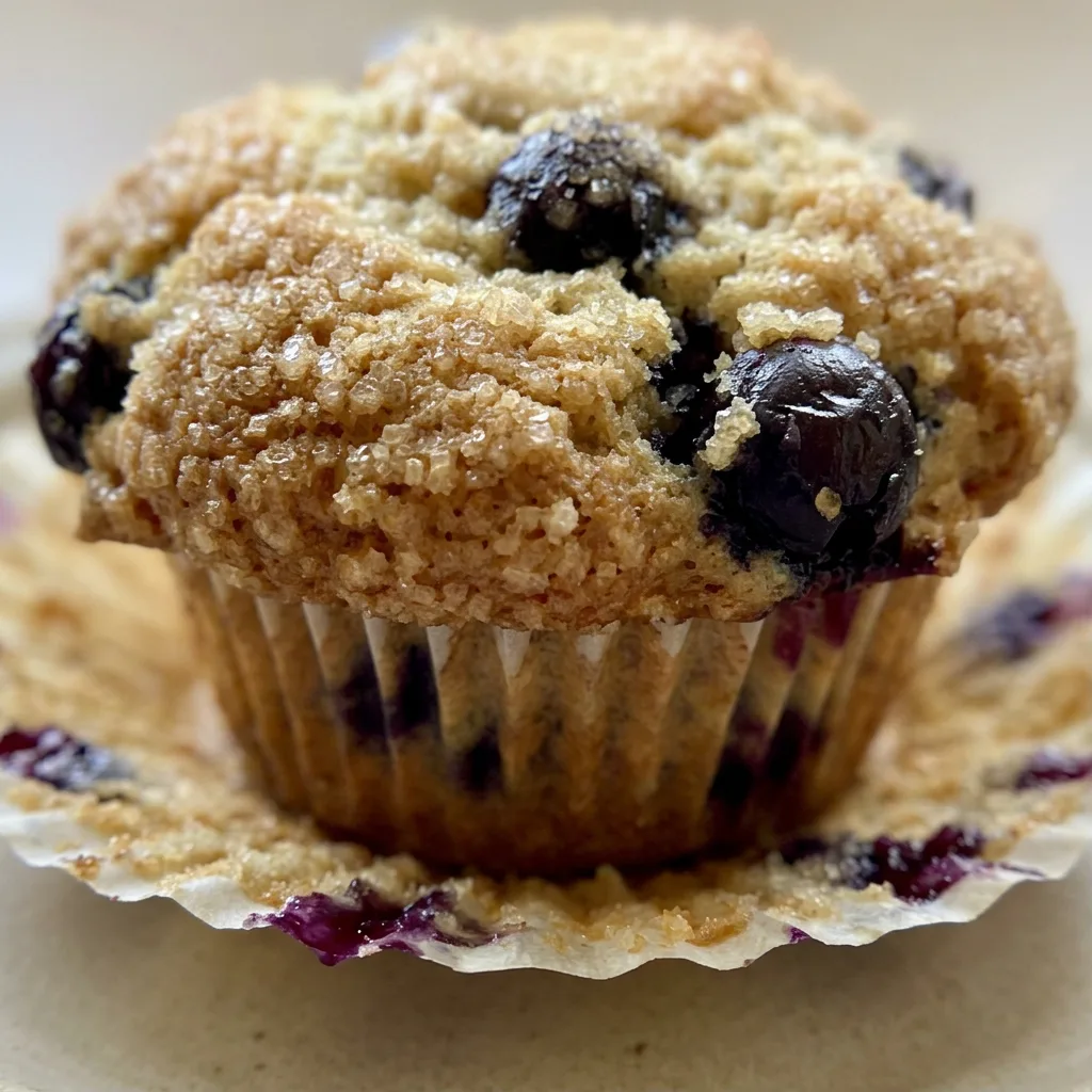 Close view of a blueberry muffin topped with a pat of butter, blueberries, and a thin lemon slice.