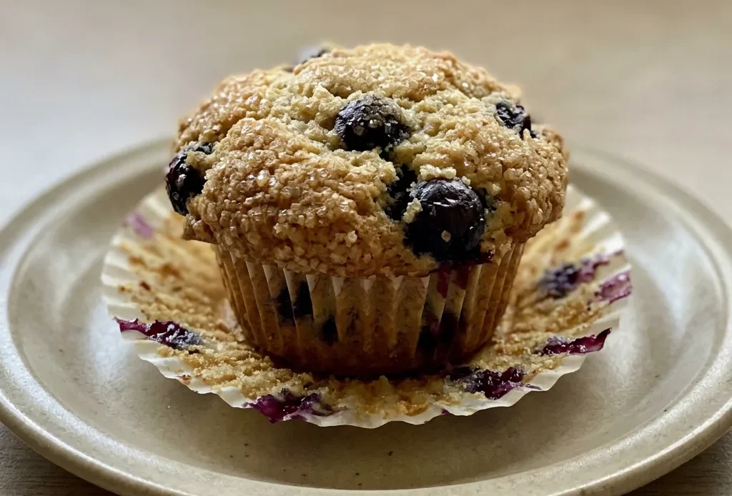 Overhead shot of a blueberry muffin with visible blueberries, a lemon slice, and crystallized ginger on top.