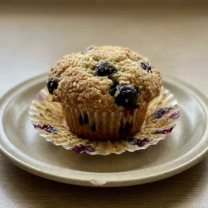 Overhead shot of a blueberry muffin with visible blueberries, a lemon slice, and crystallized ginger on top.