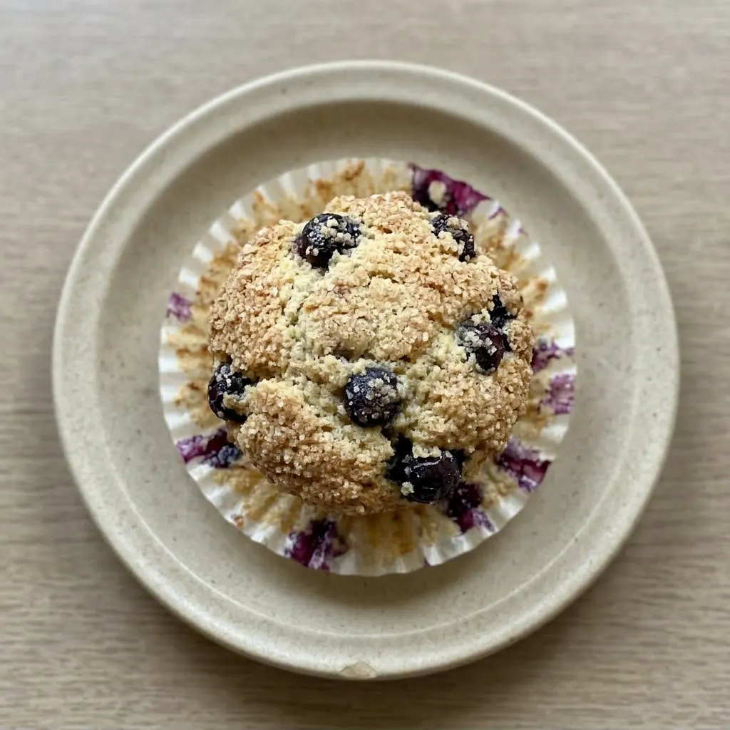 Plated blueberry muffin with a dollop of yogurt, fresh blueberries, and a piece of crystallized ginger.
