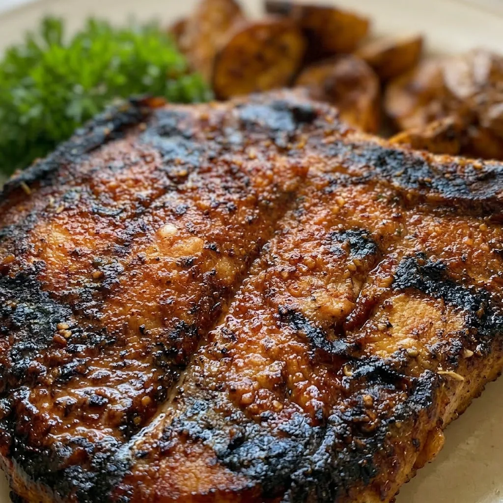Close view of a single pork chop showing a glossy brown sugar glaze, visible paprika and mustard specks, and a seared edge.