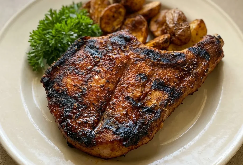 Overhead shot of two bone-in pork chops with a dark, caramelized crust, sprinkled with black pepper and paprika.