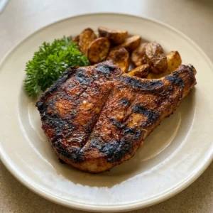 Overhead shot of two bone-in pork chops with a dark, caramelized crust, sprinkled with black pepper and paprika.