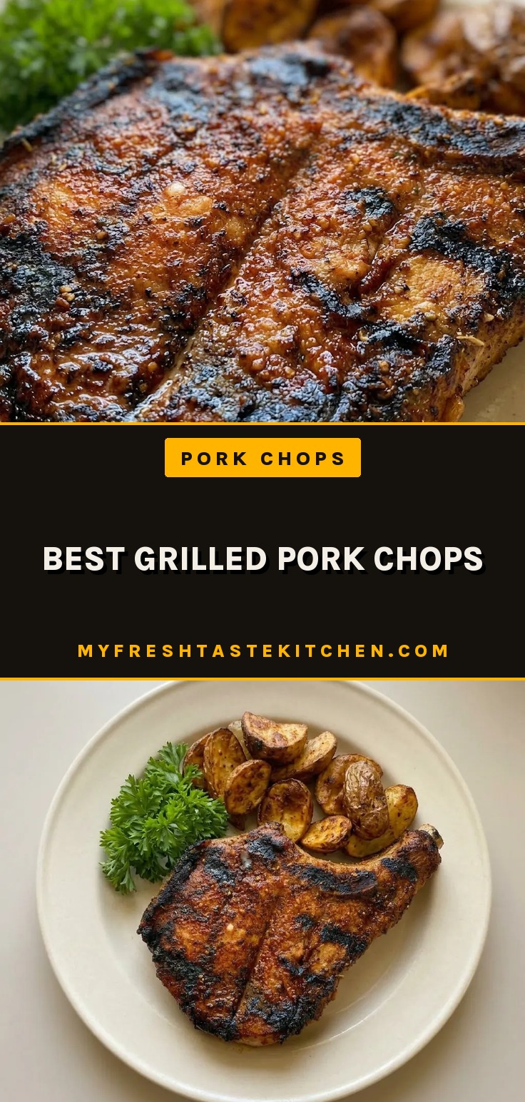 Overhead shot of two bone-in pork chops with a dark, caramelized crust, sprinkled with black pepper and paprika.