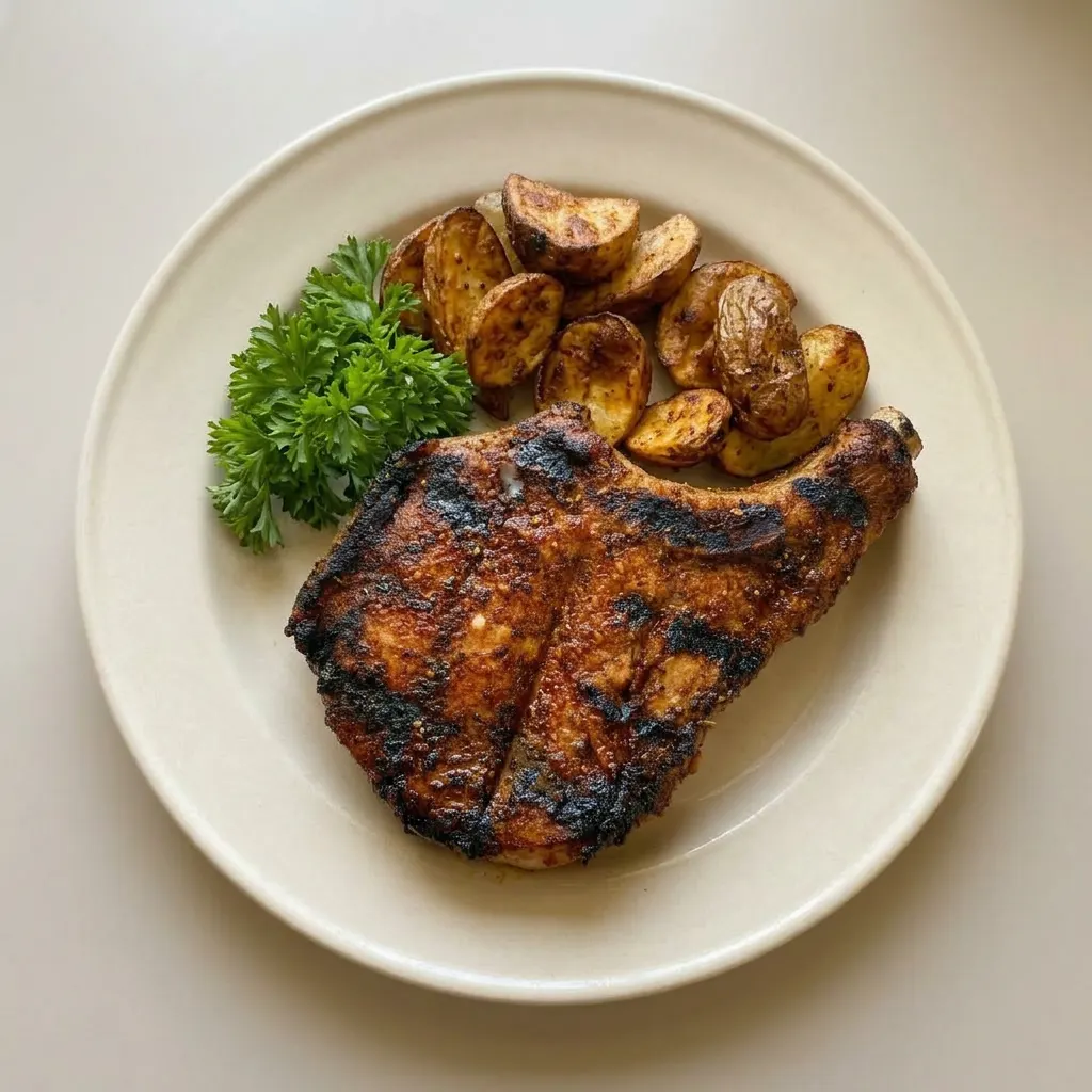 Plated bone-in pork chop with a browned crust, seasoned with black pepper, paprika, and garlic powder.