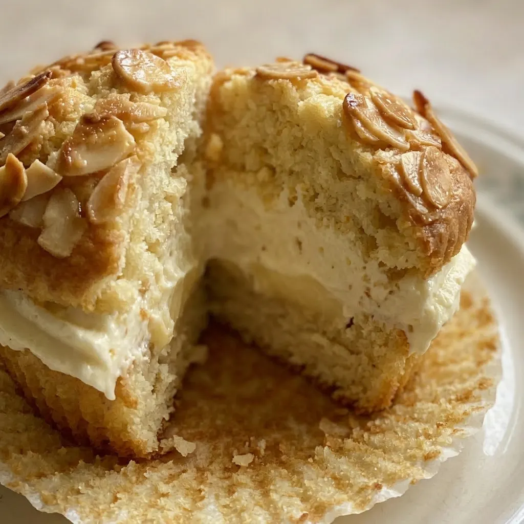 Close view of a muffin with a glossy honey glaze, almond slivers, and a swirl of vanilla pudding and sour cream.