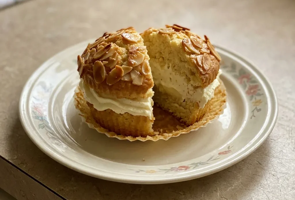 Overhead shot of a muffin topped with sliced almonds and a drizzle of honey, with vanilla pudding visible inside.